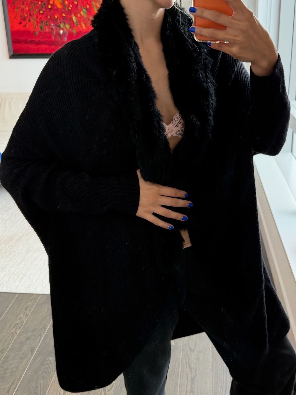 Joie Cashmere Blend Ribbed Cocoon Cardigan with Genuine Rabbit Fur Collar | Size